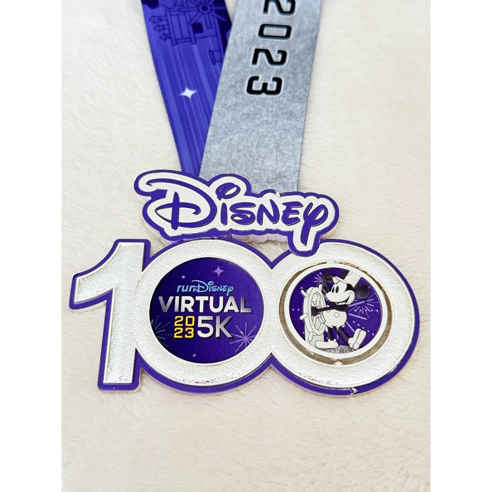 runDisney Virtual 5K Medal 2023 Disney 100 Steamboat Willie Mickey Spinner Desc